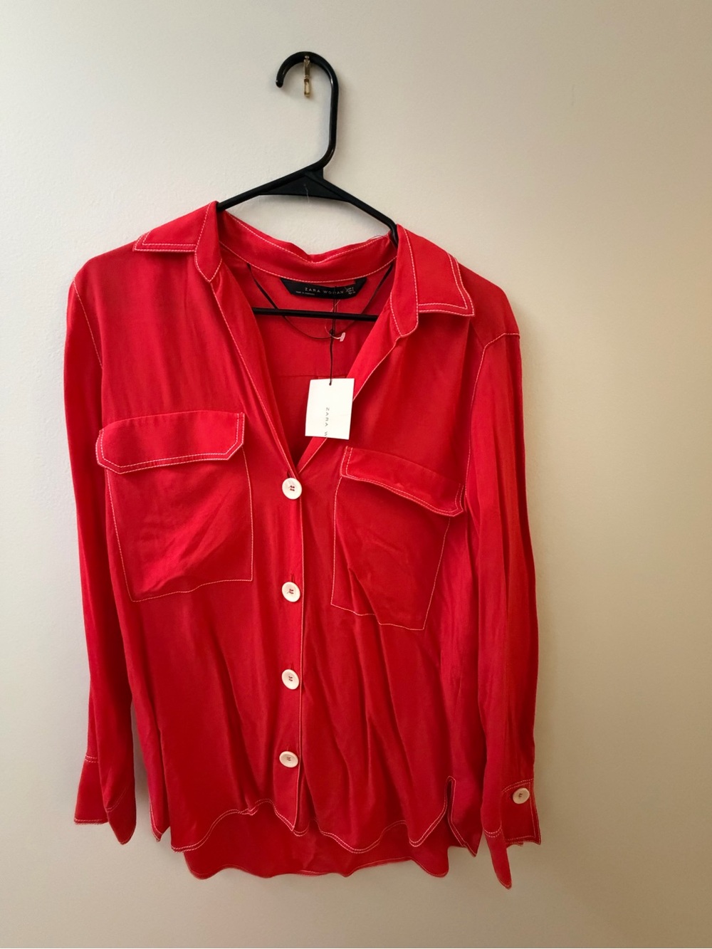Zara Red Button-Down Women’s Shirt with Patch Pockets